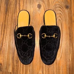 Gucci Black Velvet Mules with Gold Accents